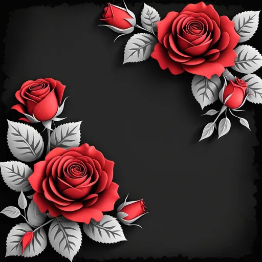 Prompt: black background on a paper texture, with clipart style roses, black  and red color scheme