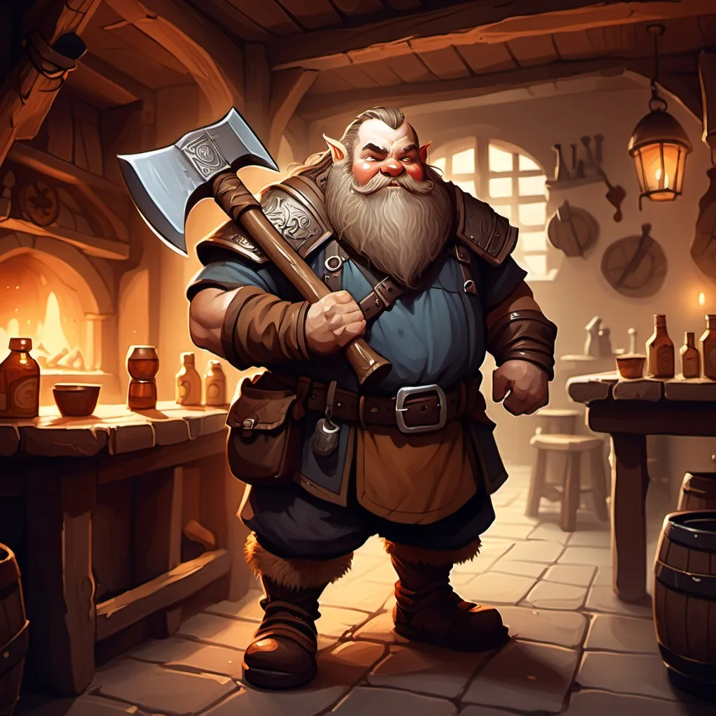 Prompt: dwarf character holding an axe in a tavern , fantasy character art, illustration, dnd, warm tone