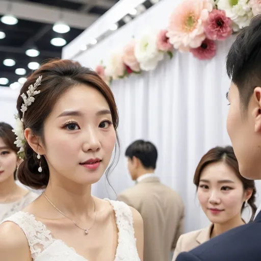 Prompt: "In a bright wedding fair hall, a Korean female wedding planner explaining at a booth. Close-up on the person's face, with detailed texture of the hair. Focus on the facial features, making the eyes and facial features sharp and clear. The background should be naturally blurred."