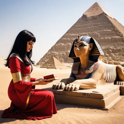 Prompt: This is a landscape photo. In the middle, a beautiful woman with black hair fully clothed in red,white,indigo, and gold robes is bowing before a sphinx.
She is presenting the sphinx a small red book. The scene is Egyptian inspired. There are pyramids in the background