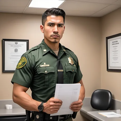 Prompt: imagine border patrol agent, Latino, attractive man in his late 20s, muscular body type, set in modern era, standing up straight, exam room background, holding a manila file, wearing a black border patrol officer uniform, neutral expression, pseudo-realism, character art, with a focus on detail semi-realism