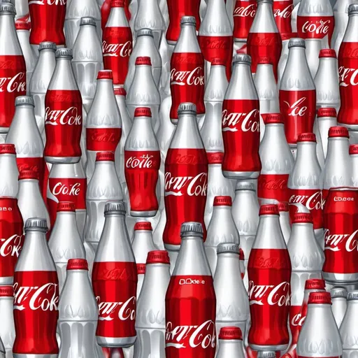 Prompt: create an image in which the theme of the world is diet coke. buildings should be diet coke bottles. the main colors should be silver and red. there should be a river of diet coke. it should look like a diet coke themed world.