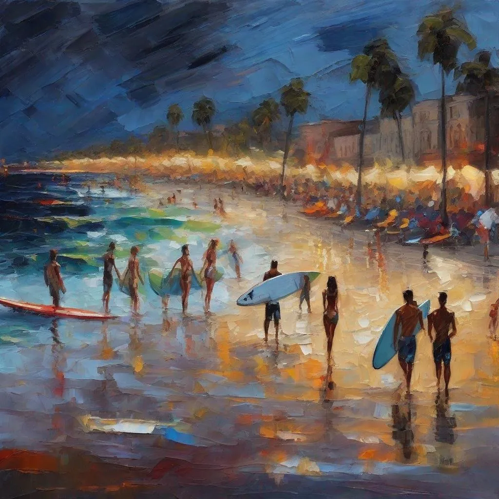 Prompt: Create a painting of the beach with a few girls tanning and a few attractive men surfing, Stylized rough 5th avenue by night impressionistic painting with large palette-knife
