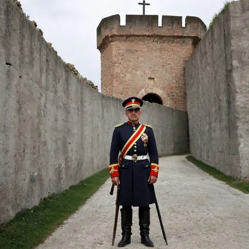Prompt: Soldado español del tercio viejo de Nápoles, frente a una muralla ondeando la bandera de la cruz de borgoña