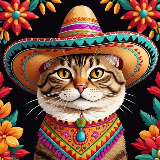 Prompt: Detailed, high quality illustration of a suave cat wearing a vibrant Mexican sombrero, warm and vibrant color palette, traditional Mexican setting with festive decorations, intricate embroidery on the sombrero, happy and playful expression, textured fur with rich details, professional digital art, vivid and lively, vibrant colors, festive atmosphere, playful cat, detailed embroidery, traditional Mexican style, highres, professional lighting