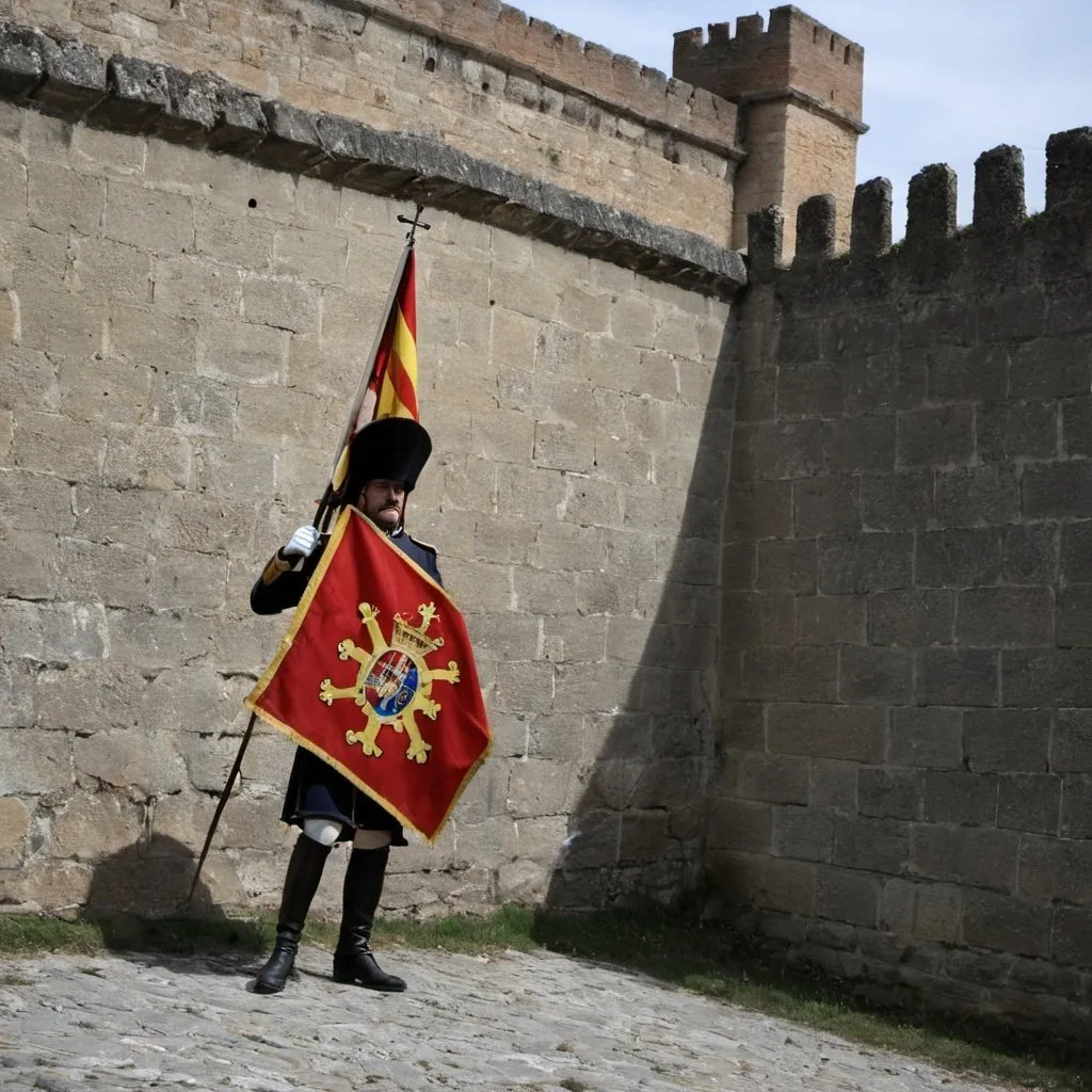 Prompt: Soldado español del siglo XVI frente a una muralla ondeando la bandera de la cruz de borgoña