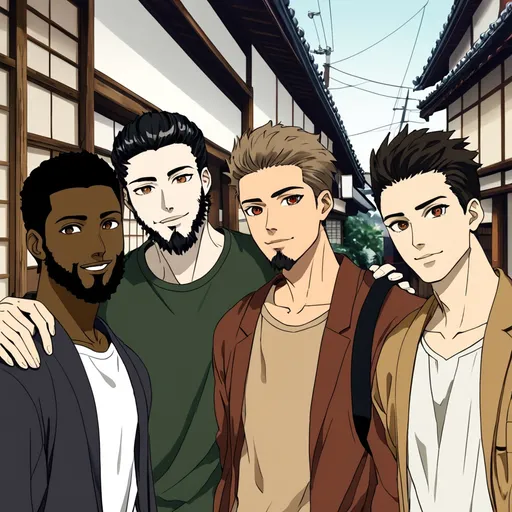 Prompt: A group of 4 friends in their late twenties visiting Japan. One is a tall light-skin black guy, with short hair, a fade and a strong jawline, black hair and brown eyes. The second friend is shorter, has Arab features, a treated beard, brown eyes, black hair I'm a pompadour. The third friend has white skin, average height, light brown eyes, very mild facial hair (5 o'clock shadow), and black hair in a pompadour that is a little spiky. The final friend is also average height, very pale skin, hazel eyes, strong jawline, clean shave, dark brown hair with a receding hairline. They are all in good physical condition and dress in a modern fashionable style.