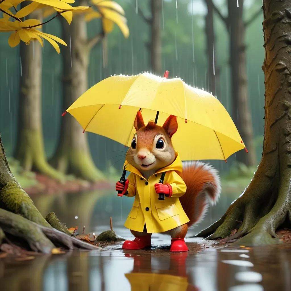 Prompt: a mysterious forest next to a lake, high quality, unreal engine a squirrel under an umbrella wearing a yellow rain coat and red rubber rain boots. 