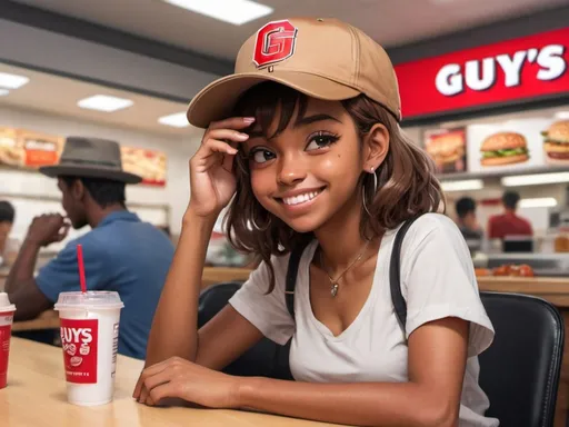 Prompt: a person sitting at a table with a car keys in their hand and a hat on top of their head, anime art style , inside a five guys, brown skin girl smiling , brown hat