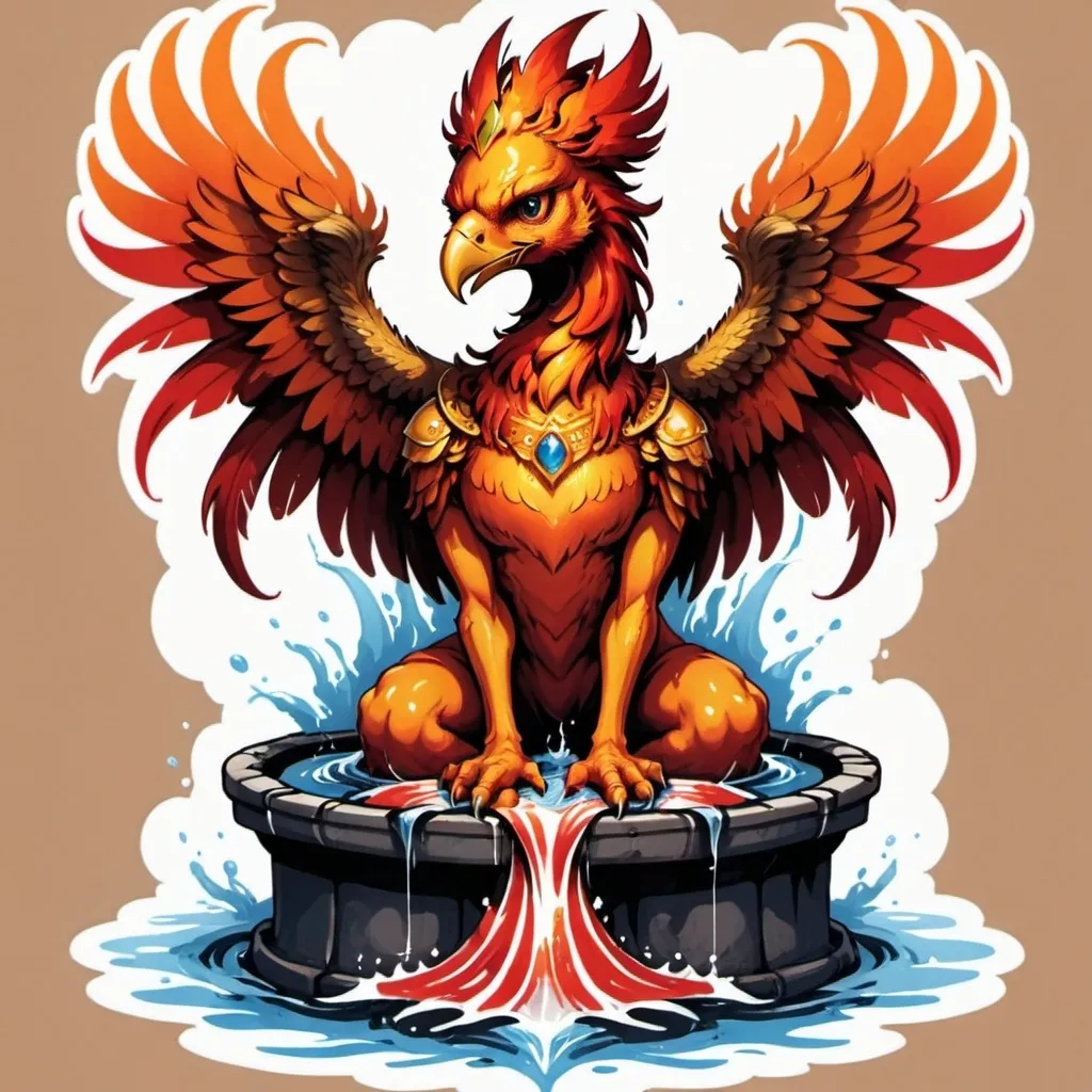 Prompt: A orange and red Phoenix sitting on a water well with a crown in front with TW underneath 