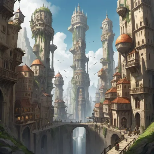Prompt: a fantasy city in the city, attached to the earth through a long, narrow natural pillar. There are multiple "lifts" to move items from the lower city to the upper city.