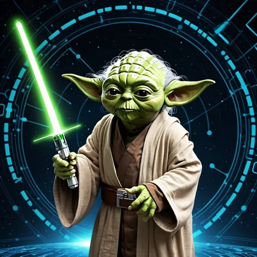 Prompt: Create a cyber space design wallpaper with yoda for a yoda coin crypto website