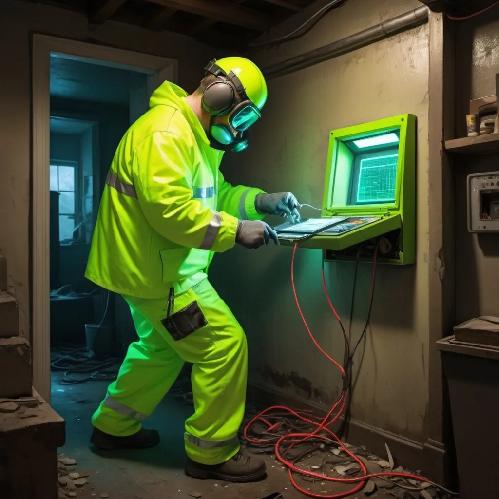Prompt: a painting of an electricien who's wearing high currency protection, neon green suit and is working with a fluke t1663 at the currency entering point of a house in the basement. an accident is happening