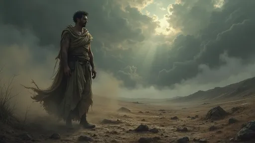 Prompt: In a shadowy, desolate landscape, the biblical character Cain stands alone, a figure marked by both power and sorrow. His expression is one of deep contemplation, eyes searching the haunting horizon, where storm clouds gather ominously, casting a dim light across the barren terrain. The earth beneath his feet is cracked and lifeless, symbolizing the weight of his actions. As a chilling wind stirs, dust swirls around him, adding a sense of desolation. His hands, stained with the remnants of his past, rest at his sides, as if grappling with the burden of guilt. Dressed in tattered, earth-toned robes that billow slightly in the breeze, Cain's presence evokes a haunting reflection on conflict and exile. Illustrated in dark fantasy concept art style, the image captures an atmospheric tension that resonates with themes of isolation and consequence.