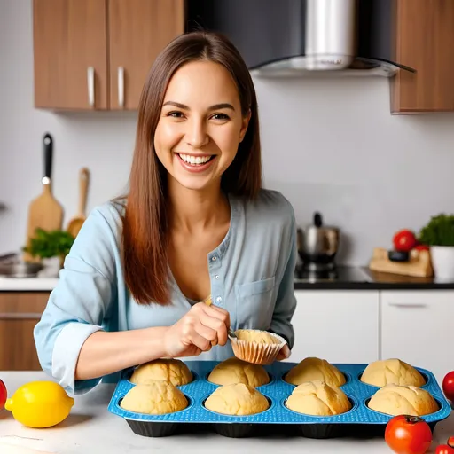 Prompt: Happy woman is preparing the proper meal in the kitchen.
Close-up of a beautiful woman baking muffins

