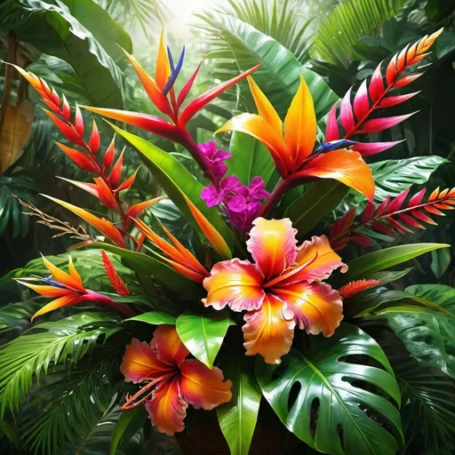 Prompt: (Tropical Paradise Bouquet), vibrant hues of exotic flowers, lush green foliage, harmonious arrangement, (dynamic composition), enchanting atmosphere, (highly detailed), bright sunlight filtering through leaves, tropical setting, rich textures, vivid splashes of color, , (4K quality), crowded of flower, nature's beauty captured in full bloom.