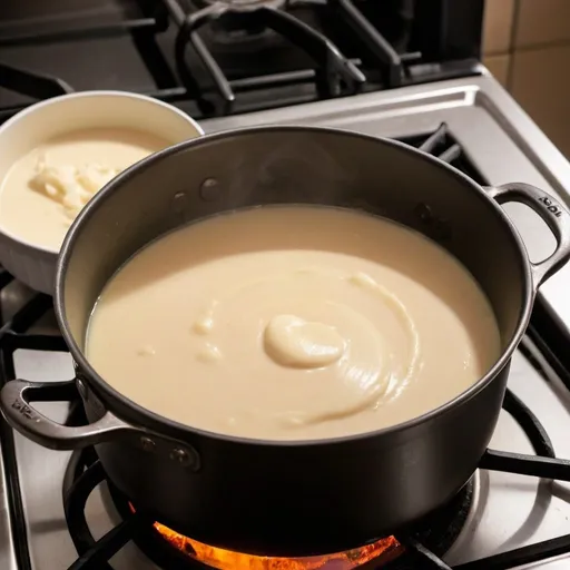Prompt: Smooth and creamy puree in a pot placed on a lighted stove boiling and sizzling