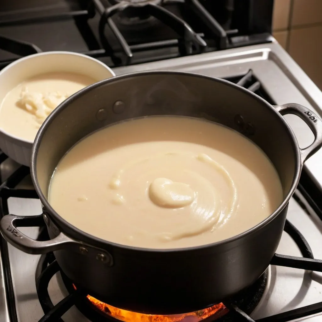 Prompt: Smooth and creamy puree in a pot placed on a lighted stove boiling and sizzling