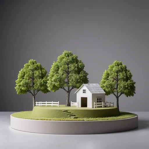 Prompt: A small farm with trees,  papers  to take out a loan to develop the farm , Background gray   ,standing on product display podium in minimal product stage , showcase scene for commercial promotional advertising campaign