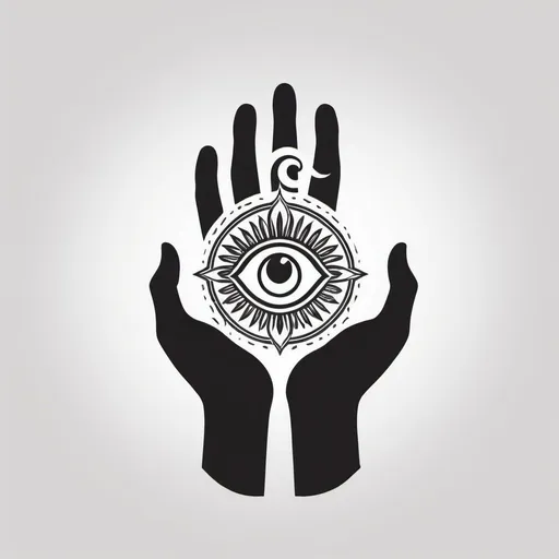 Prompt: Hand in minimalism style ahimsa logo om or eye un Center , background white 