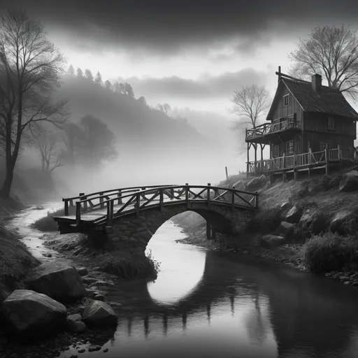 Prompt: small settlement, fog, bridge and river, dramatic scene of a fantasy settlement, cinematic lighting, 1DX Mark III grayscale, Canon EF 85mm f/1.4 L IS USM lens, shutter speed 1/125, aperture f/11.0 , ISO 100, 8k, HD, photorealistic, super resolution