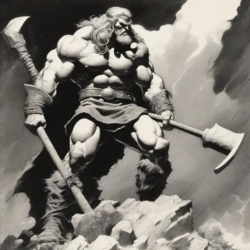 Prompt: B&W frazetta art, a huge muscular thor holding an ax, detailed, high quality