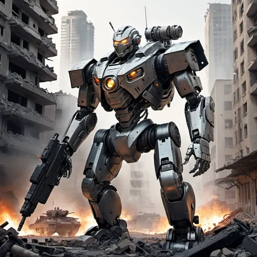 Prompt: creates an image of a robot ((cyborg)) super armored with weapons that fires heavy bullets and lots of shell casings, set in a city, with buildings destroyed by bombs in the midst of the rubble of a city, helicopters, latest generation tanks, in attack mode, soldiers, with bionic legs