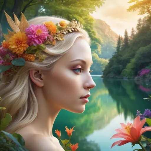 Prompt: A mesmerizing and dreamlike super detailed super detailed photo realistic illustration of the half-faced silhouette of a goddess with blonde hair, elegantly blended with the vibrant beauty of nature. Her profile blends perfectly with a flower garden, a tranquil lake and a lush green forest. The bright, bright colors create a smooth transition between the goddess's features and the surrounding elements, evoking a surreal and ethereal atmosphere., vibrant, photo