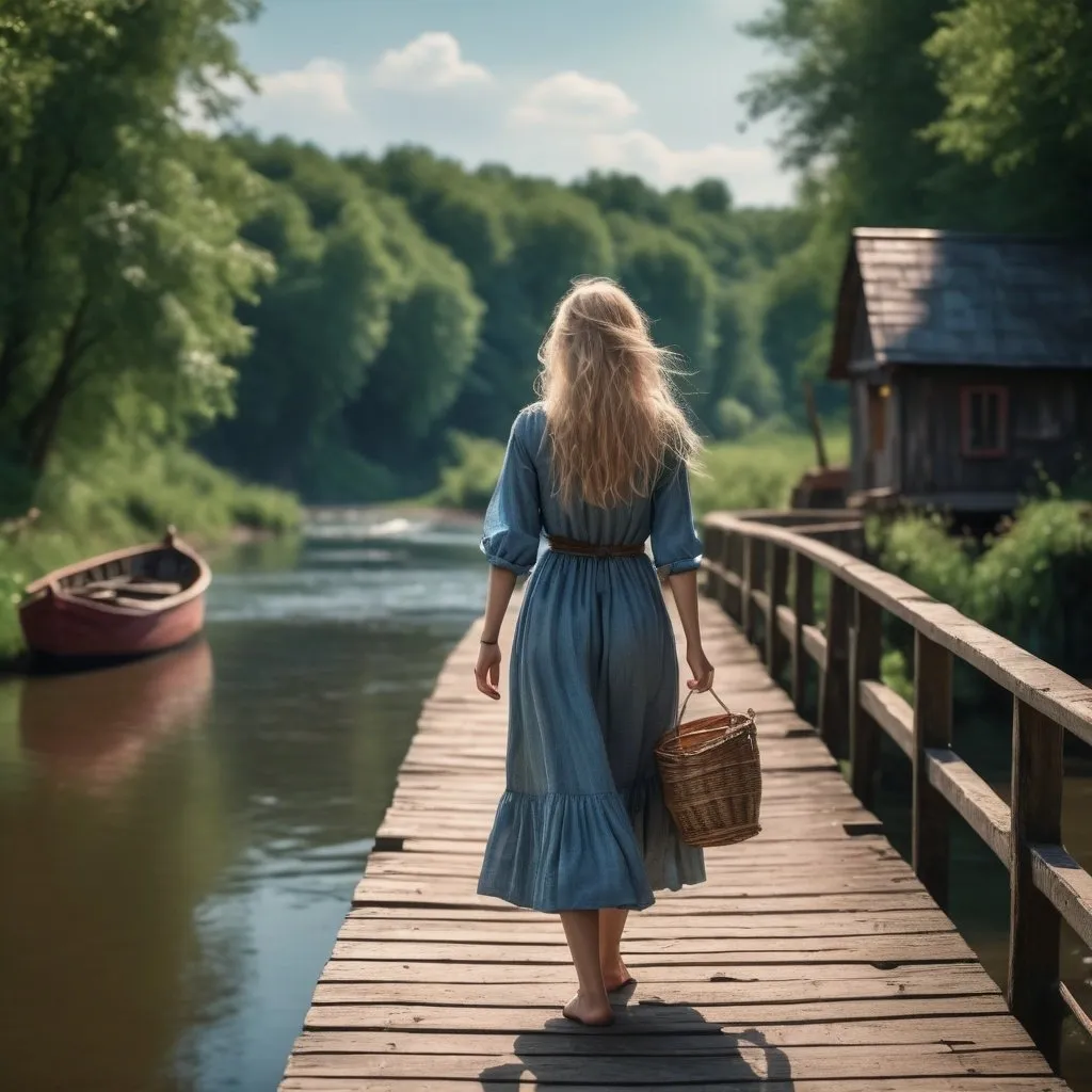 Prompt: beautiful girl, blond-haired, walking on the riverbank, bridge and river, dramatic scene of a fantasy settlement, cinematic lighting, vivid colors, with fishermen, a wooden boat 1DX Mark III, Canon EF 85mm f/1.4 L IS USM lens, shutter speed 1/125, aperture f/11.0, ISO 100, 8k, HD, photorealistic, super resolution