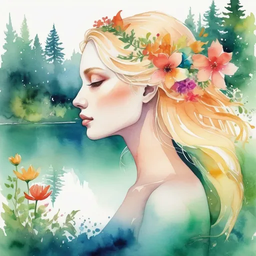 Prompt: A mesmerizing and dreamlike watercolor illustration of the half-faced silhouette of a goddess with blonde hair, elegantly blended with the vibrant beauty of nature. Her profile blends perfectly with a flower garden, a tranquil lake and a lush green forest. The bright, vibrant watercolors create a smooth transition between the goddess's features and the surrounding elements, evoking a surreal and ethereal atmosphere., vibrant, photo