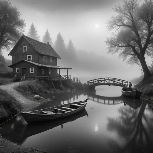 Prompt: small settlement, fog, bridge and river, dramatic scene of a fantasy settlement, cinematic lighting, greyscale, with fishermen, a 1DX Mark III wooden boat, Canon EF 85mm f/1.4 L IS USM lens, shutter speed 1/125, aperture f/11.0, ISO 100, 8k, HD, photorealistic, super resolution