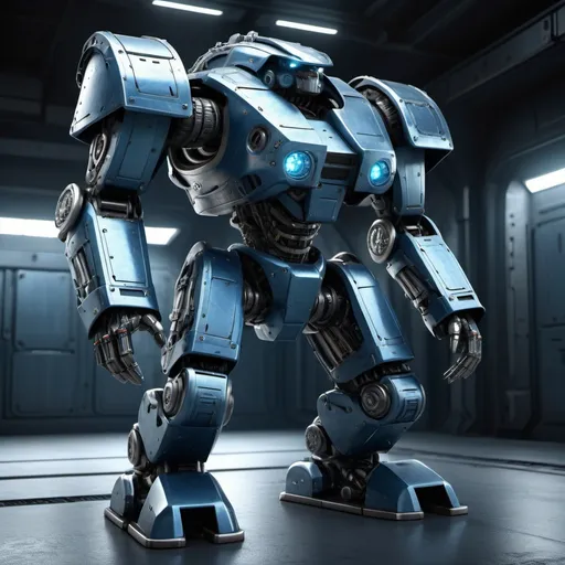 Prompt: High-res, detailed 3D rendering of a combat machine, metallic material with riveted plates, futuristic sci-fi style, technical blue and metallic tones, intense and dramatic lighting, industrial urban setting, heavy-duty mechanical design, powerful and menacing presence, fully armed with advanced weapons