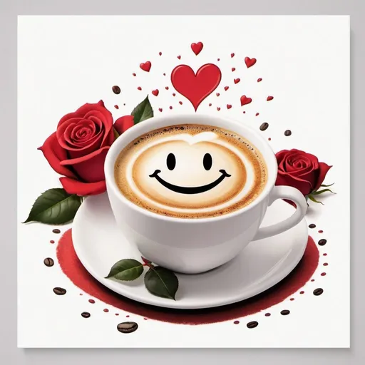 Prompt: A delightful and charming illustration of a coffee cup, with a smiley face and a delicate saucer containing a vibrant red rose. The steaming hot coffee creates a swirling heart shape that embodies love and warmth. The background is a pristine white canvas, highlighting the bright colors and whimsical elements of the scene. The message "Good Morning, My Love" is written in an eye-catching font, which adds a cheerful touch to the composition.