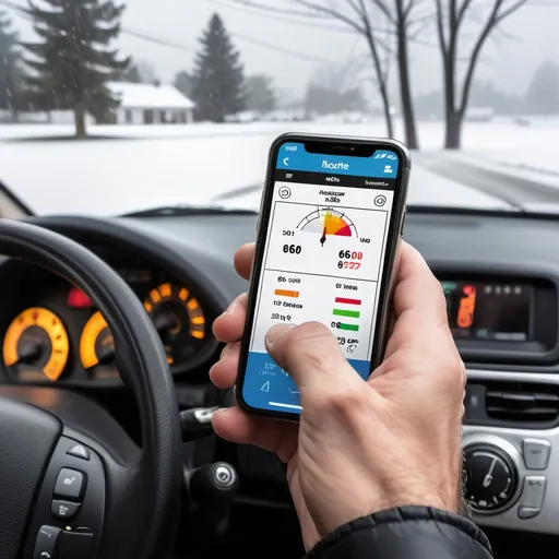 Prompt: A restaurant owner is in his automobile and checking his remote temperature monitoring app (show the screen) to check in on the status of his freezer inventory. The focus is on smart phone screen showing the temperature of the fridge/freezer. Outside the window, heavy snow is falling, or storm clouds are visible, hinting at a winter storm. The setting should evoke a sense of preparation for winter challenges. Include visible digital readouts or temperature monitoring equipment, subtly conveying a sense of automation and technology that ensures inventory safety. The snow outside represents the harsh winter conditions, while the digital technology inside symbolizes preparedness and proactive monitoring.
