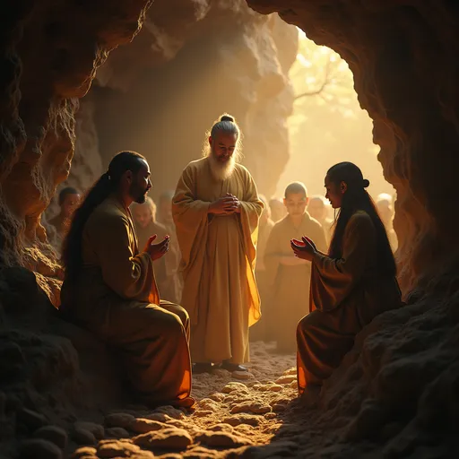 Prompt: un maestro mistico,  con tunica tipo oriental, con mirada firme pero dulce, bendiciendo a sus dicipulos dentro de una caverna con luz mistica