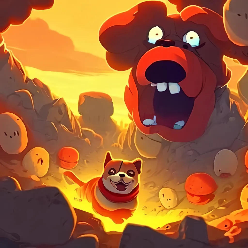 Prompt: A one dog only with a lot of bombs and a place like hell In lava