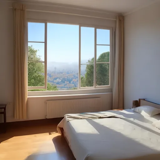 Prompt: A bed in a big room with a sunny weather coming through the beautiful view of the window