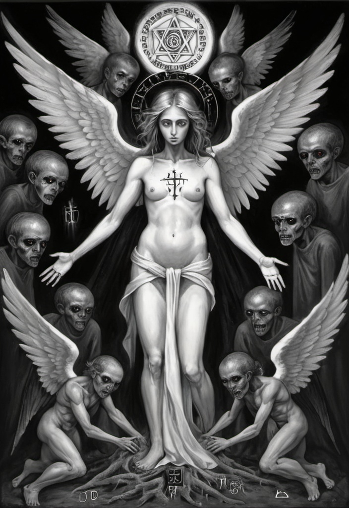 Prompt: a painting of an angel of mercy surrounded by  demonic suffering souls, eyes  is a part of "sefirot tree" represented by the Hebrew letters in the right order and place , dystopian art, a charcoal and chacle drawing