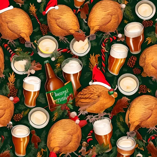 Prompt: beer can for a thanksgiving party with turkeys wearing Christmas sweaters and Santa hats.  make the image repeatable.