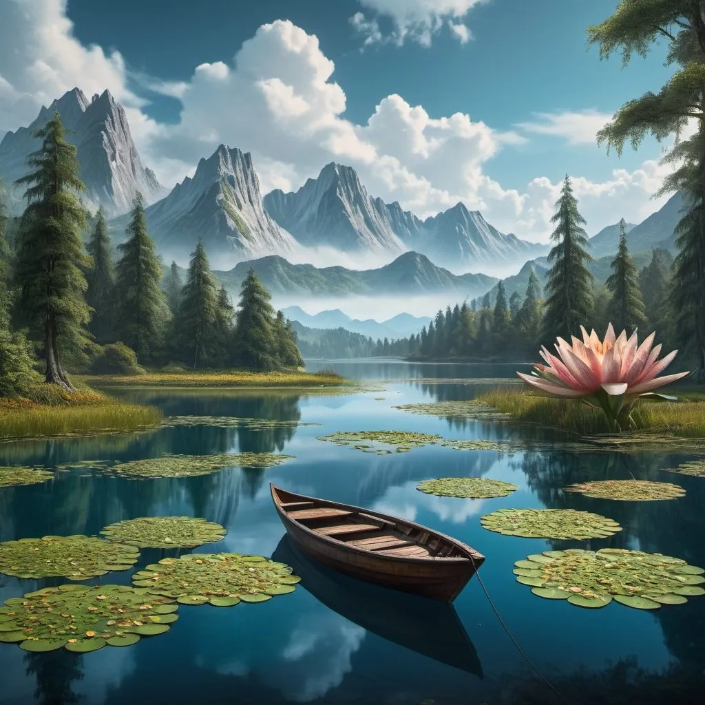 Prompt: "a"a boat floating on a lake surrounded by mountains and trees with lily pads on the water and a blue sky with clouds, Bob Ross, german romanticism, beautiful landscape, a stock photo, detailed matte painting, deep color, fantastical, intricate detail, splash screen, complementary colors, fantasy concept art, 8k resolution trending on Artstation, Unreal engine V 