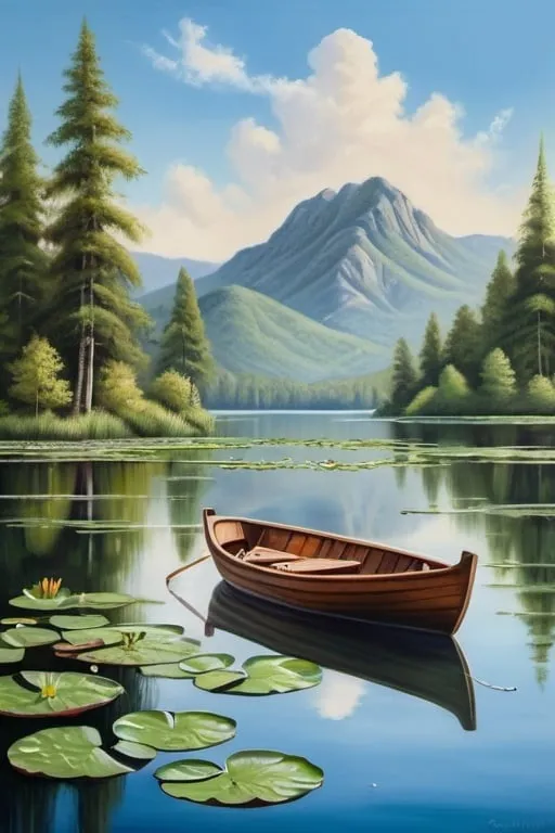 Prompt: Serenely floating boat on tranquil lake, mountainous backdrop, lush trees and lily pads, clear blue sky with fluffy clouds, realistic oil painting, high quality, serene landscape, peaceful, scenic, tranquil, mountainous backdrop, lake reflections, detailed trees, serene atmosphere, natural lighting, realistic colors, serene and peaceful mood