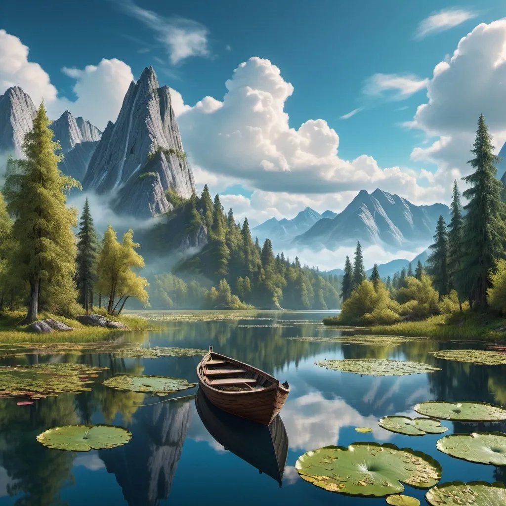 Prompt: "a"a boat floating on a lake surrounded by mountains and trees with lily pads on the water and a blue sky with clouds, Bob Ross, german romanticism, beautiful landscape, a stock photo, detailed matte painting, deep color, fantastical, intricate detail, splash screen, complementary colors, fantasy concept art, 8k resolution trending on Artstation, Unreal engine V 