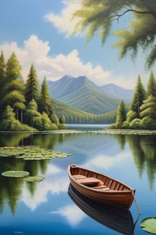 Prompt: Serenely floating boat on tranquil lake, mountainous backdrop, lush trees and lily pads, clear blue sky with fluffy clouds, realistic oil painting, high quality, serene landscape, peaceful, scenic, tranquil, mountainous backdrop, lake reflections, detailed trees, serene atmosphere, natural lighting, realistic colors, serene and peaceful mood