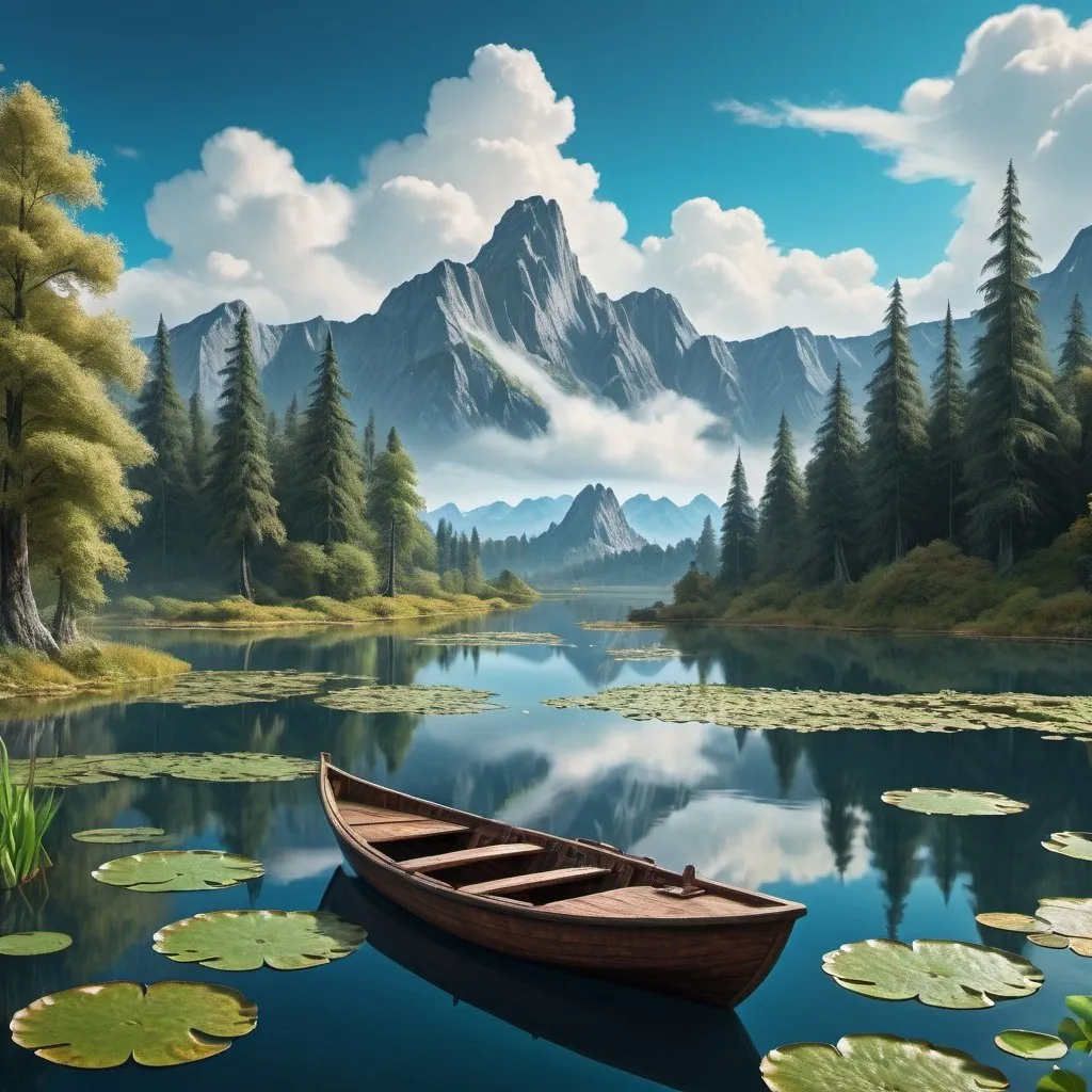 Prompt: "a"a boat floating on a lake surrounded by mountains and trees with lily pads on the water and a blue sky with clouds, Bob Ross, german romanticism, beautiful landscape, a stock photo, detailed matte painting, deep color, fantastical, intricate detail, splash screen, complementary colors, fantasy concept art, 8k resolution trending on Artstation, Unreal engine V 