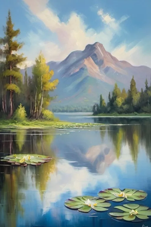 Prompt: impressionism, boat on lake, mountainous landscape, trees, lily pads on water, blue sky with clouds, scenic, water reflection, serene atmosphere, oil painting, soft brushstrokes, vibrant colors, natural lighting