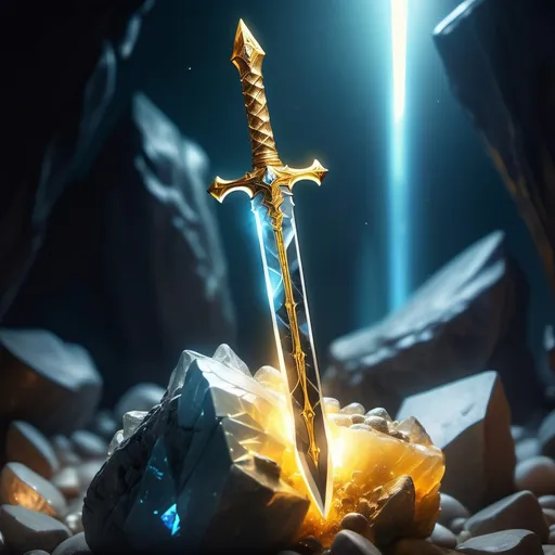 Prompt: A majesty glowing golden sword is embedded in a crystal rock, ready to be pulled out. The scene is like a fantasy mystery adventure background . No text on the image please.