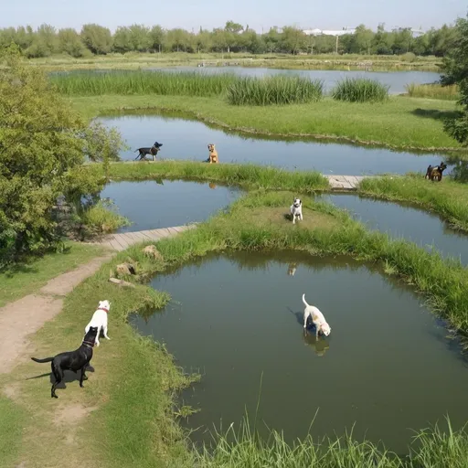 Prompt: wetland with an animal park, where dogs are being trained by their masters