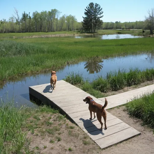 Prompt: wetland, woodbridge, nature, dogs, training equipment, dog park
