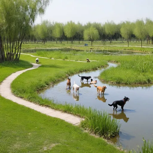 Prompt: wetland with an animal park, where dogs are being trained by their masters