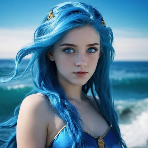 Prompt: Superhero girl - Blue Sea. Daughter of Poseidon. Blue eyes, blue hair, beautiful 